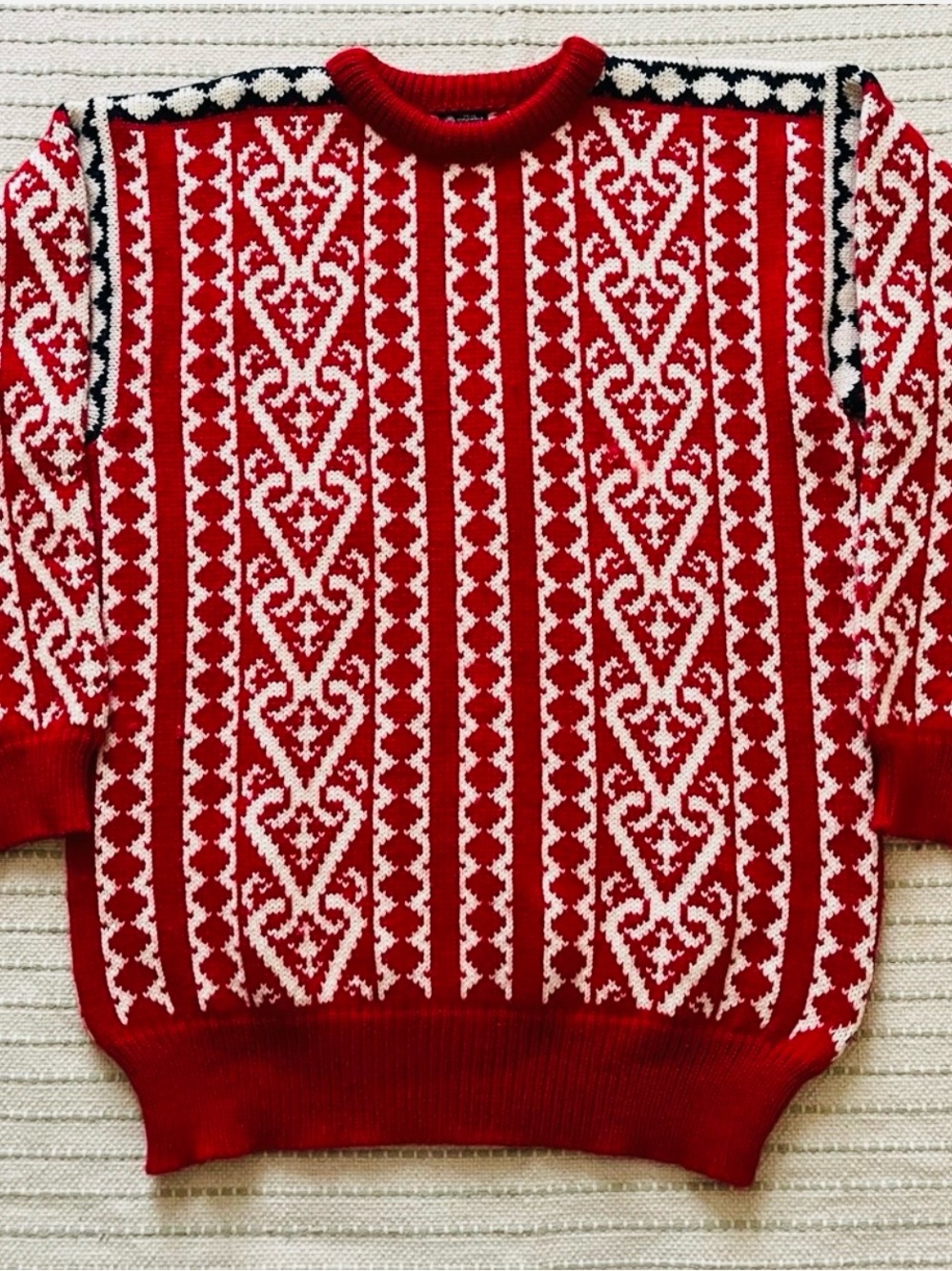 Dale of Norway Red, White & Navy Nordic Crewneck Unisex 100% Wool Sweater